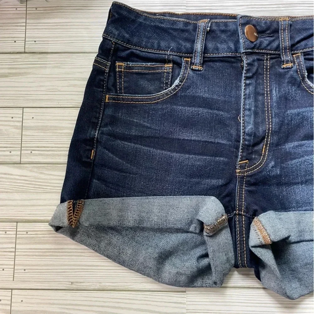 American eagle high rise shortie dark wash shorts women's size 2‎